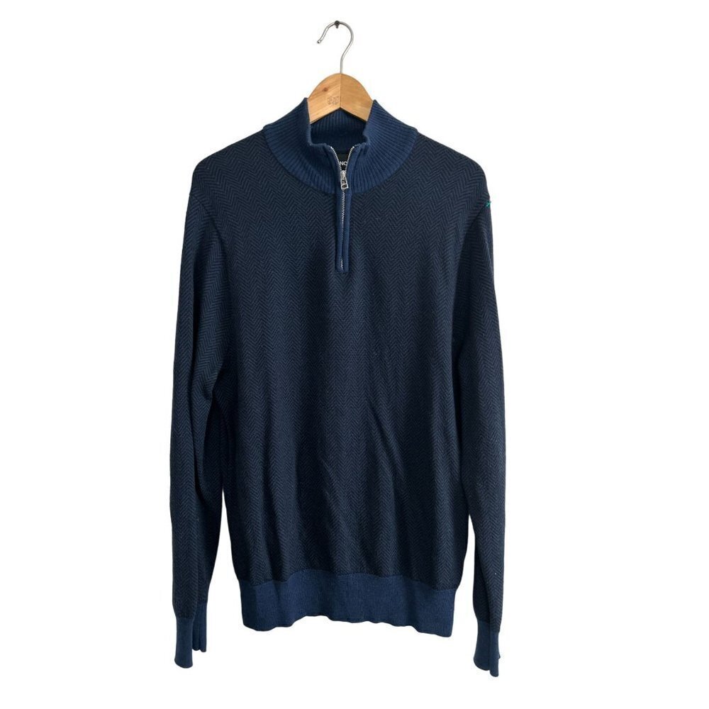 BONOBOS Merino Wool 1/4 Zip Sweater Blue Gray Herringbone Size Med